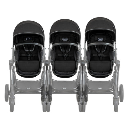 A layered graphic showing a black Evenflo stroller seat in three different adjustable positions on the frame.