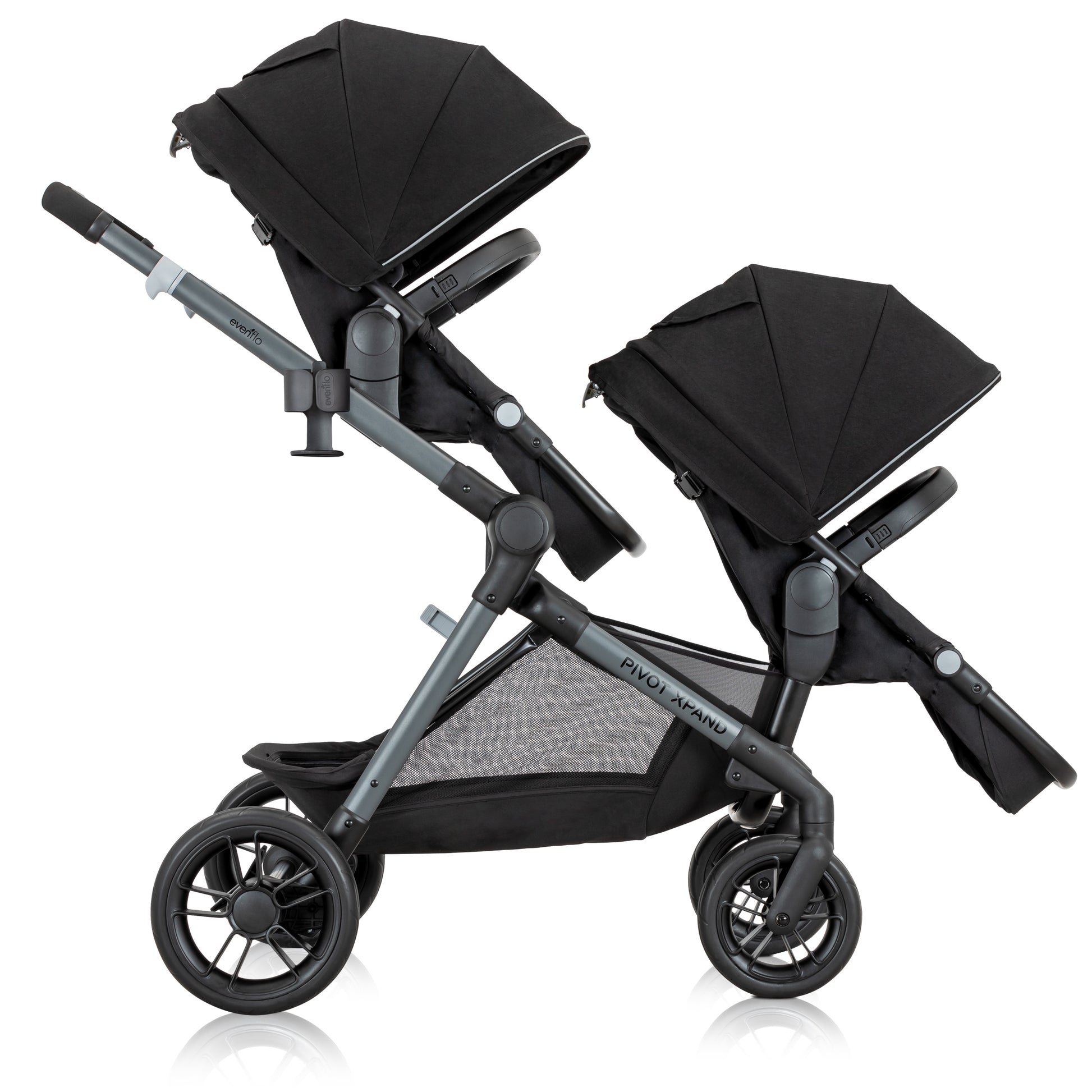 Black stroller with folded seat on a white background