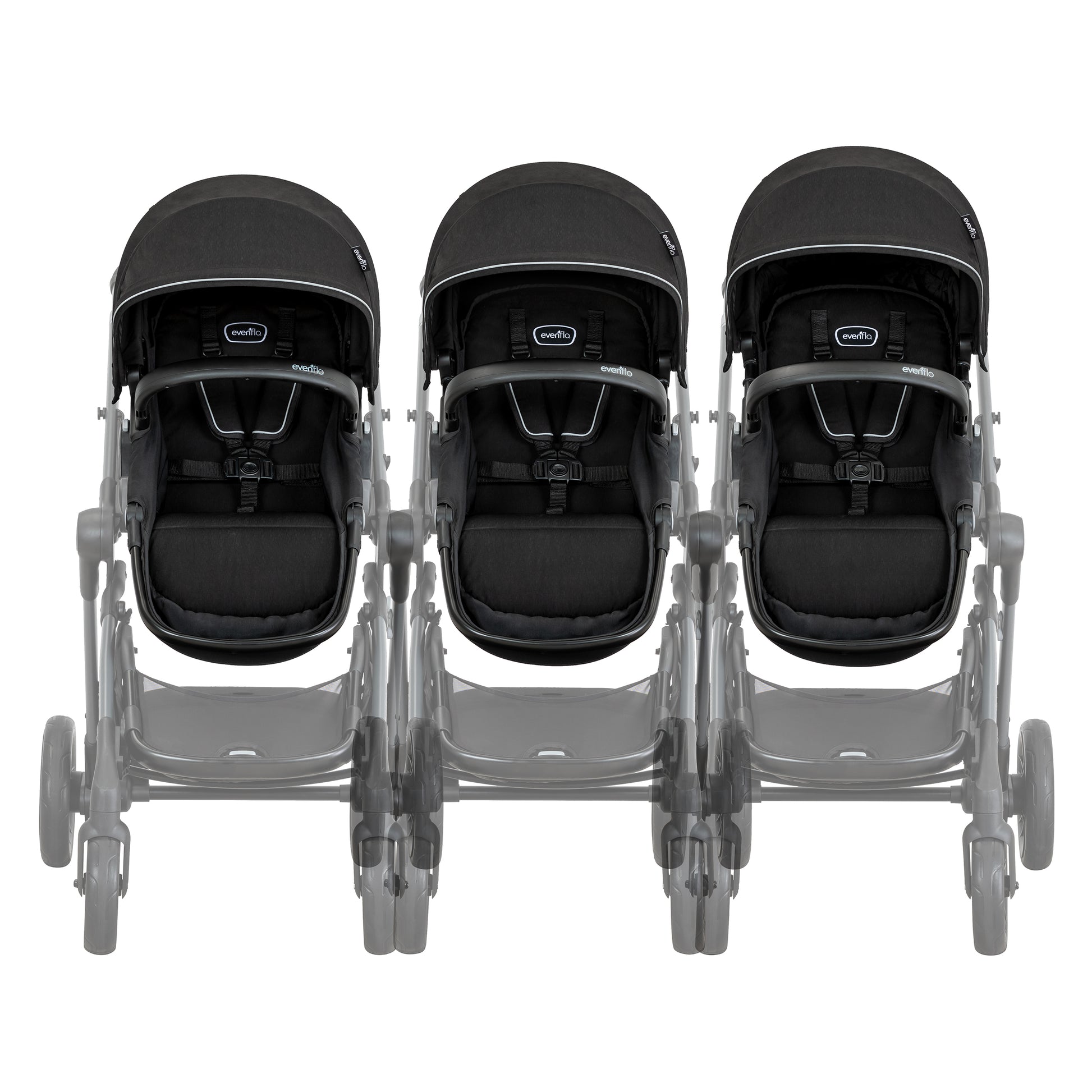 Three black strollers with gray frames on a white background