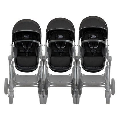 Three black strollers with gray frames on a white background
