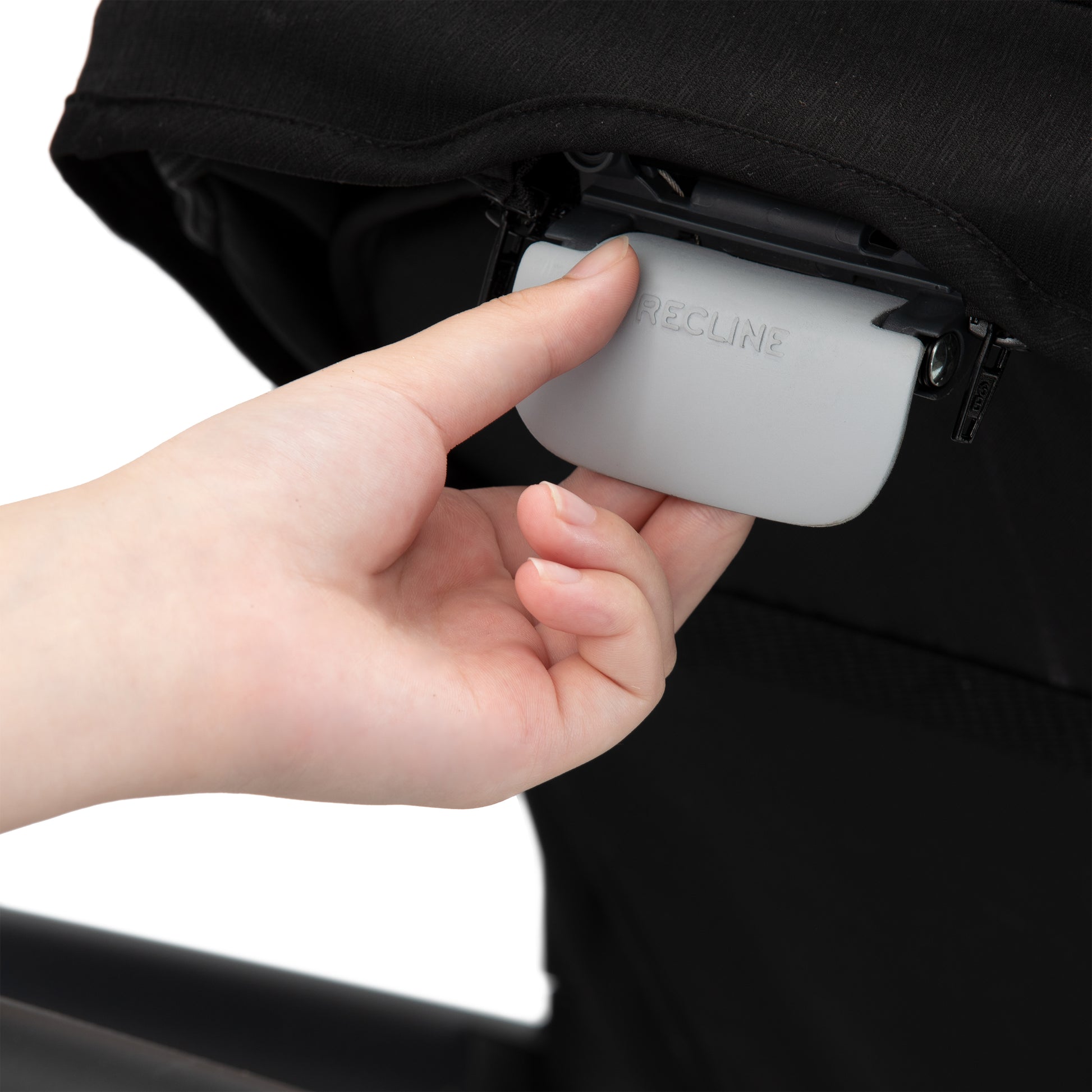 Hand holding a gray carabiner attached to a black bag with 'SECURE' branding.
