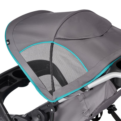 Gray stroller canopy with turquoise trim