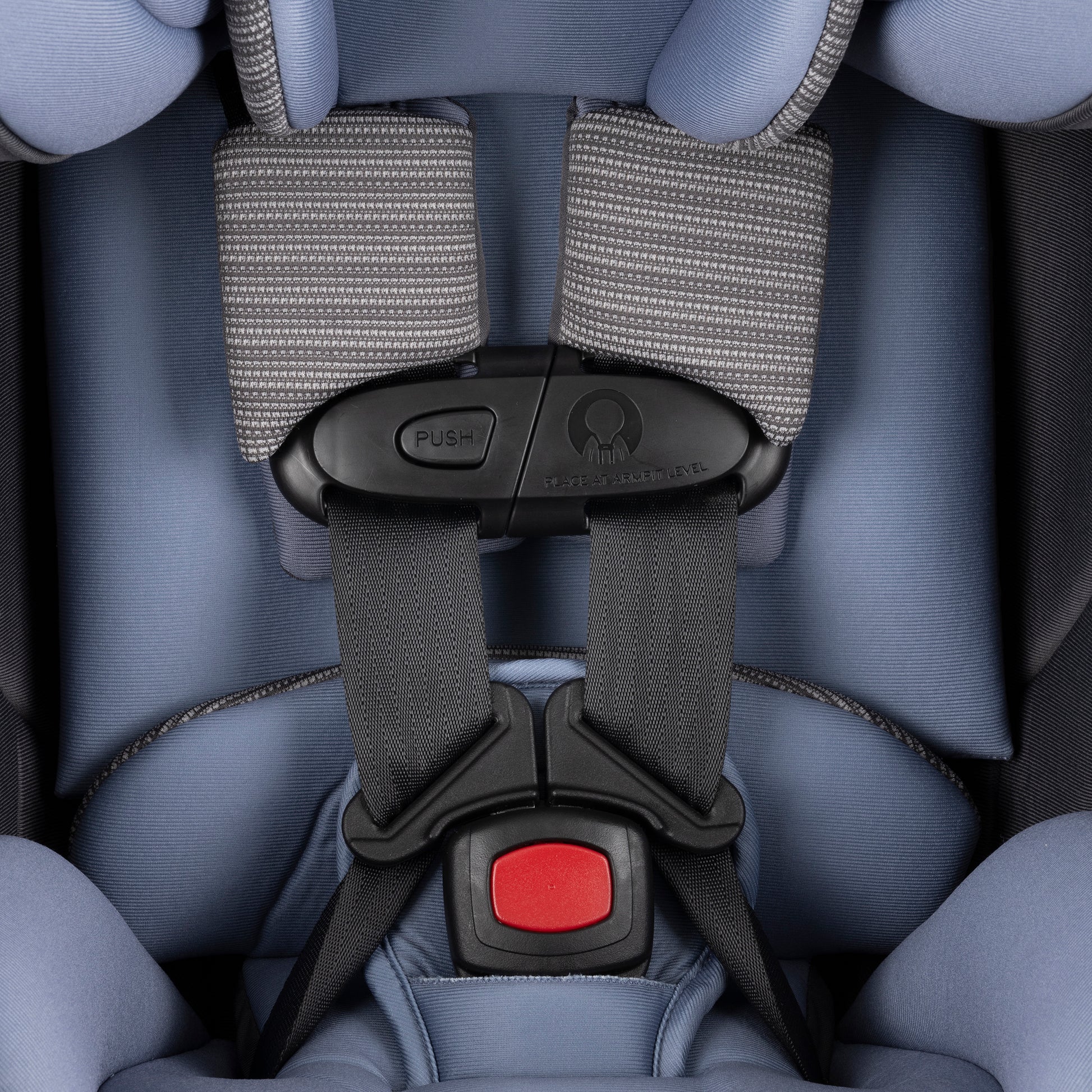 Close-up of a car seat harness with a visible buckle on a blue car seat.