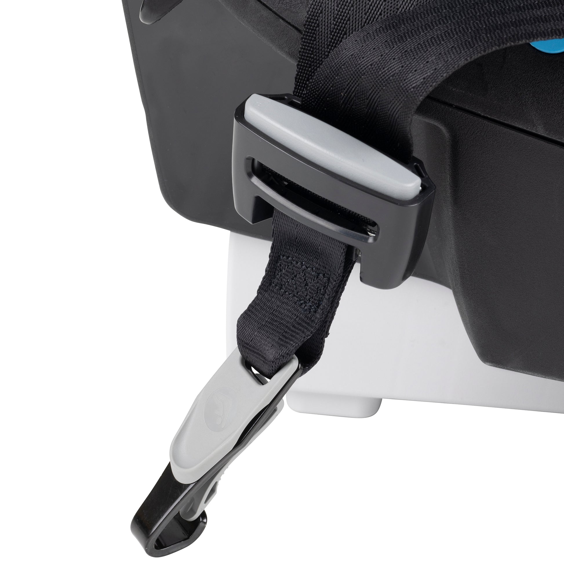 Close-up of a black and gray seat belt buckle on a white background