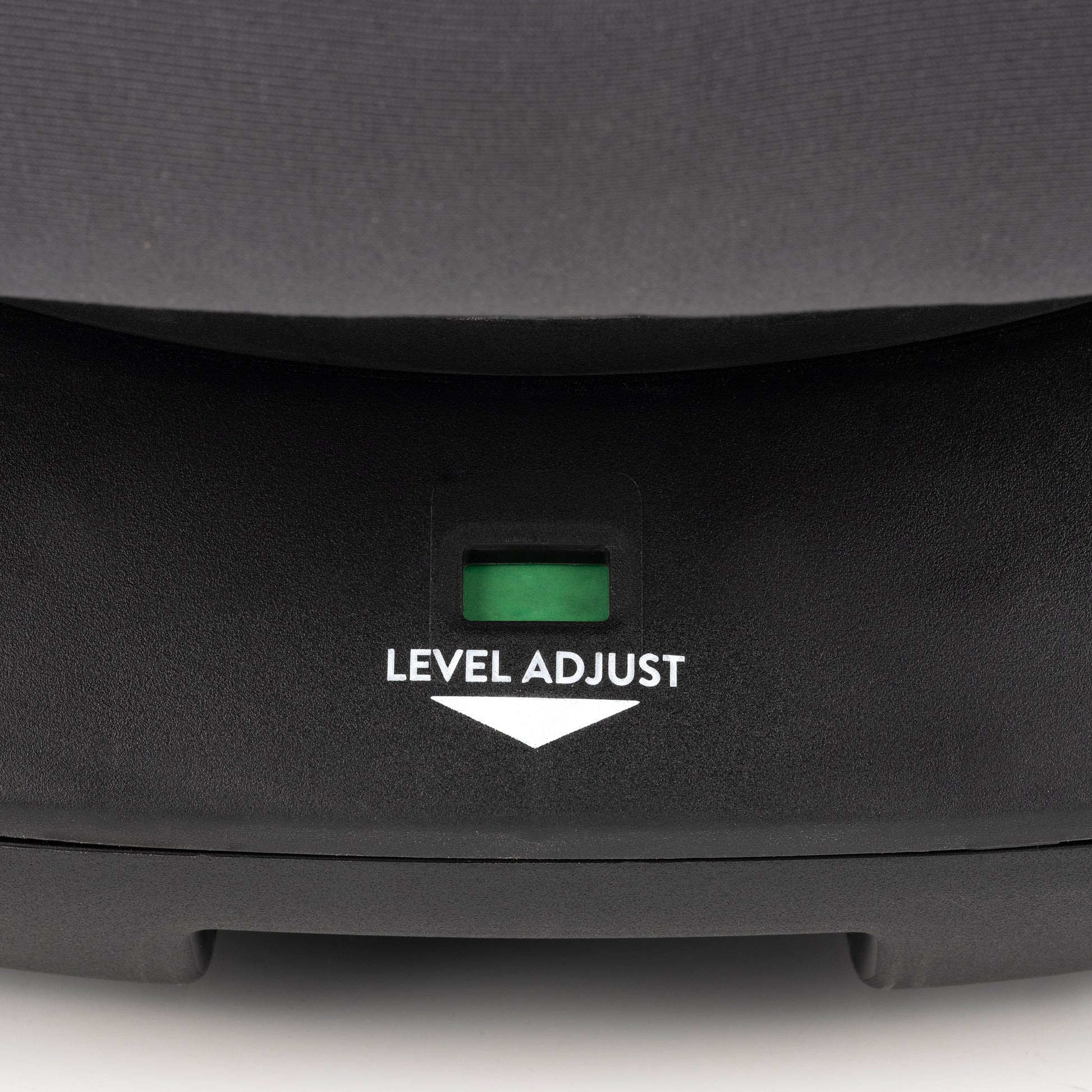 Car seat with level adjust feature label on a gray background