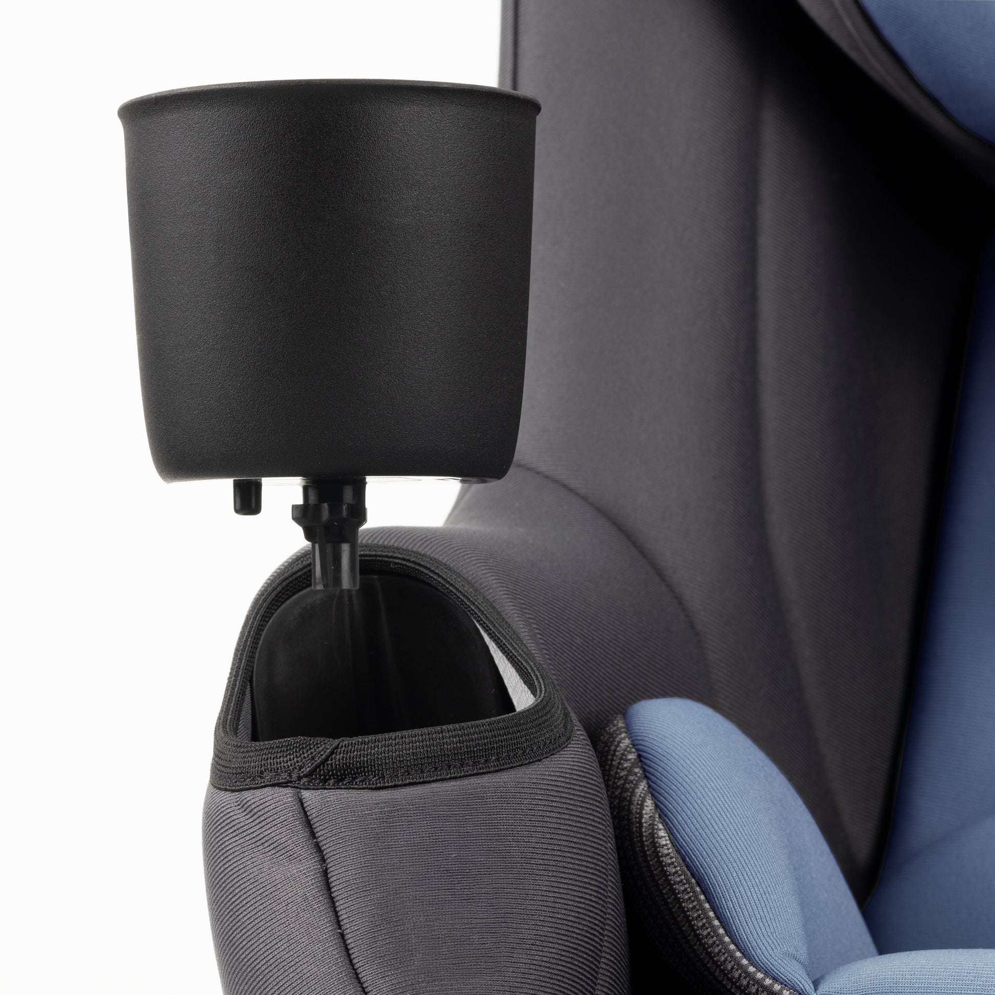 Black cup holder attached to a car seat with gray and blue upholstery.