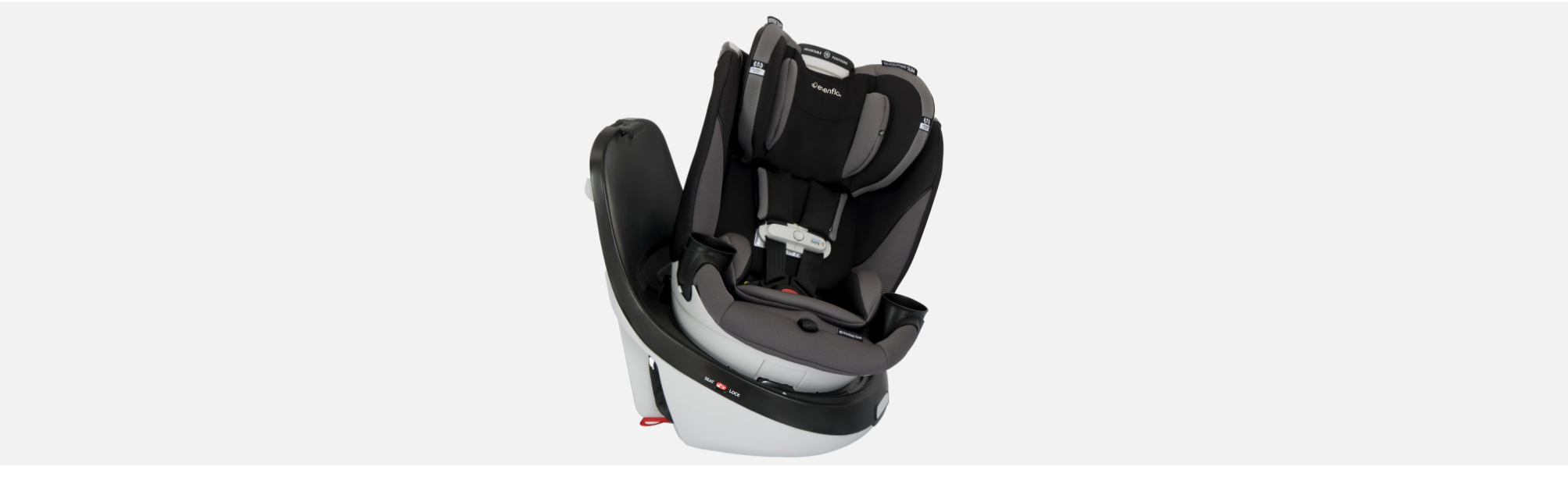 An Evenflo all-in-one convertible car seat in black and gray, with a rotating base.