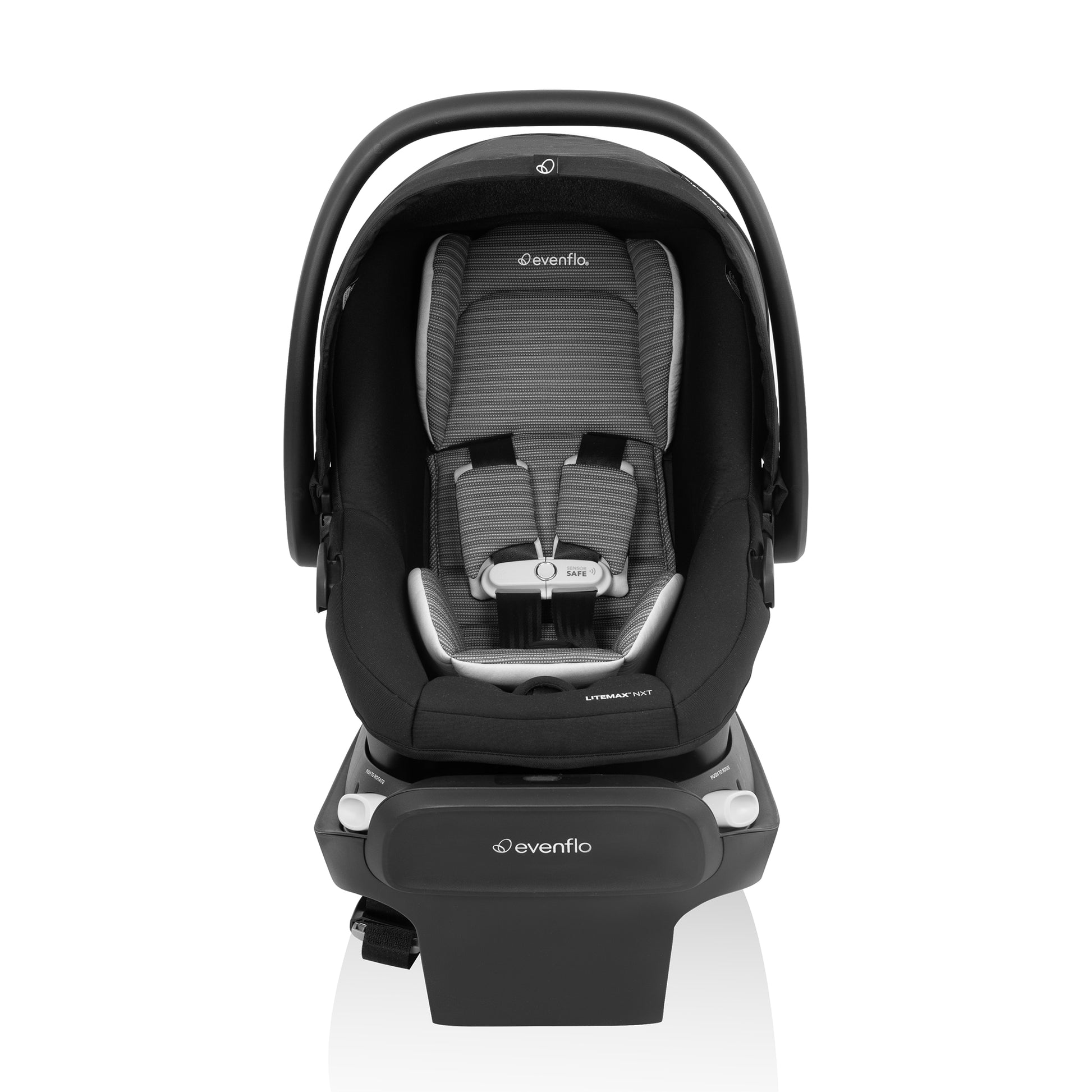 Black baby car seat with 'Evenflo' branding on a white background