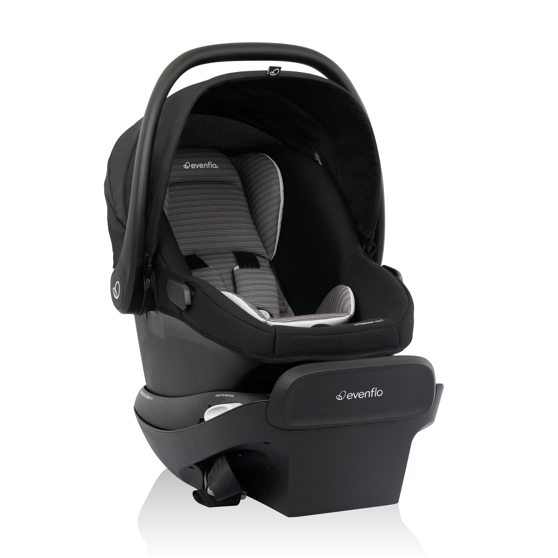 Black baby car seat with 'Evenflo' branding on a white background
