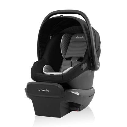 Black car seat with 'Evenflo' branding on a white background