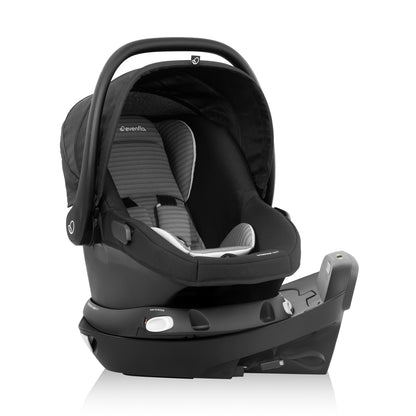 Black baby car seat with base on a white background