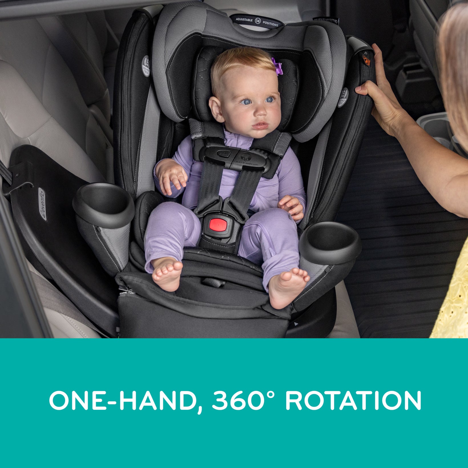 Baby in a car seat with one-hand 360-degree rotation feature