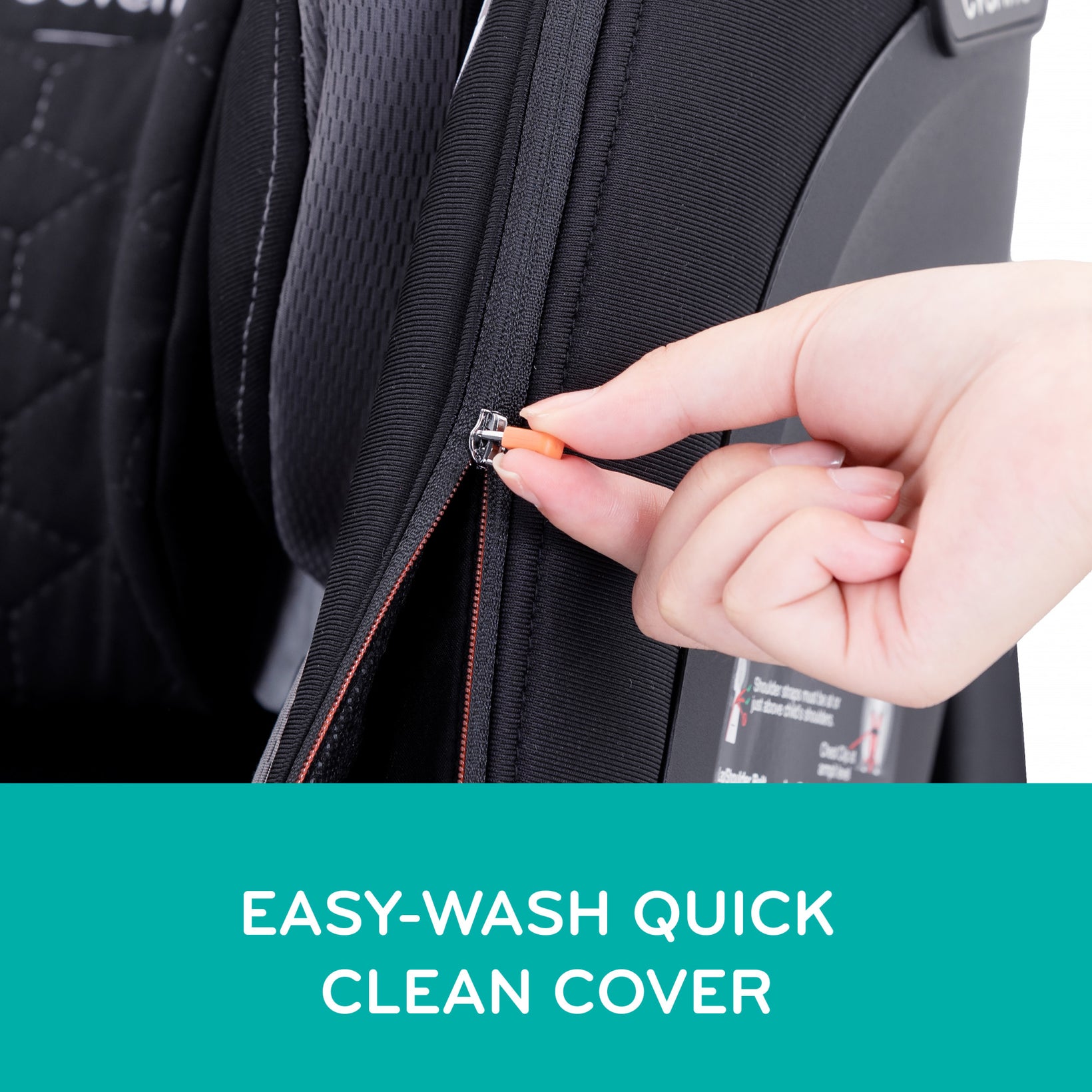 Person zipping up a black car seat cover 