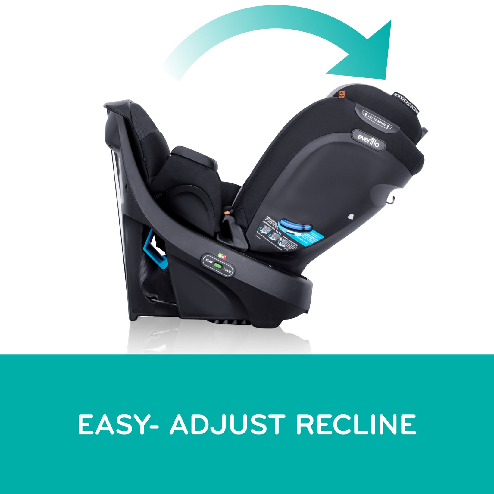 Black car seat with recline adjustment feature on a white background