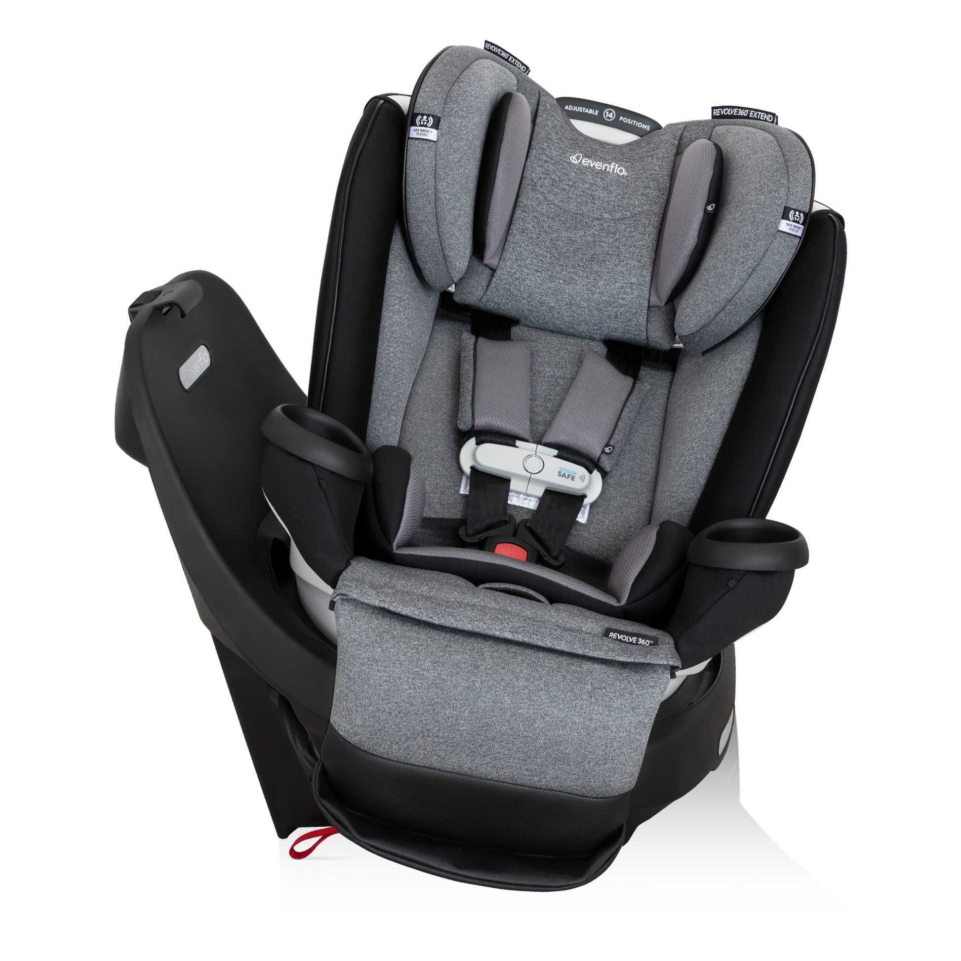 Evenflo Revolve360 Extend All-in-One car seat with a gray and black cover, featuring a 5-point harness.