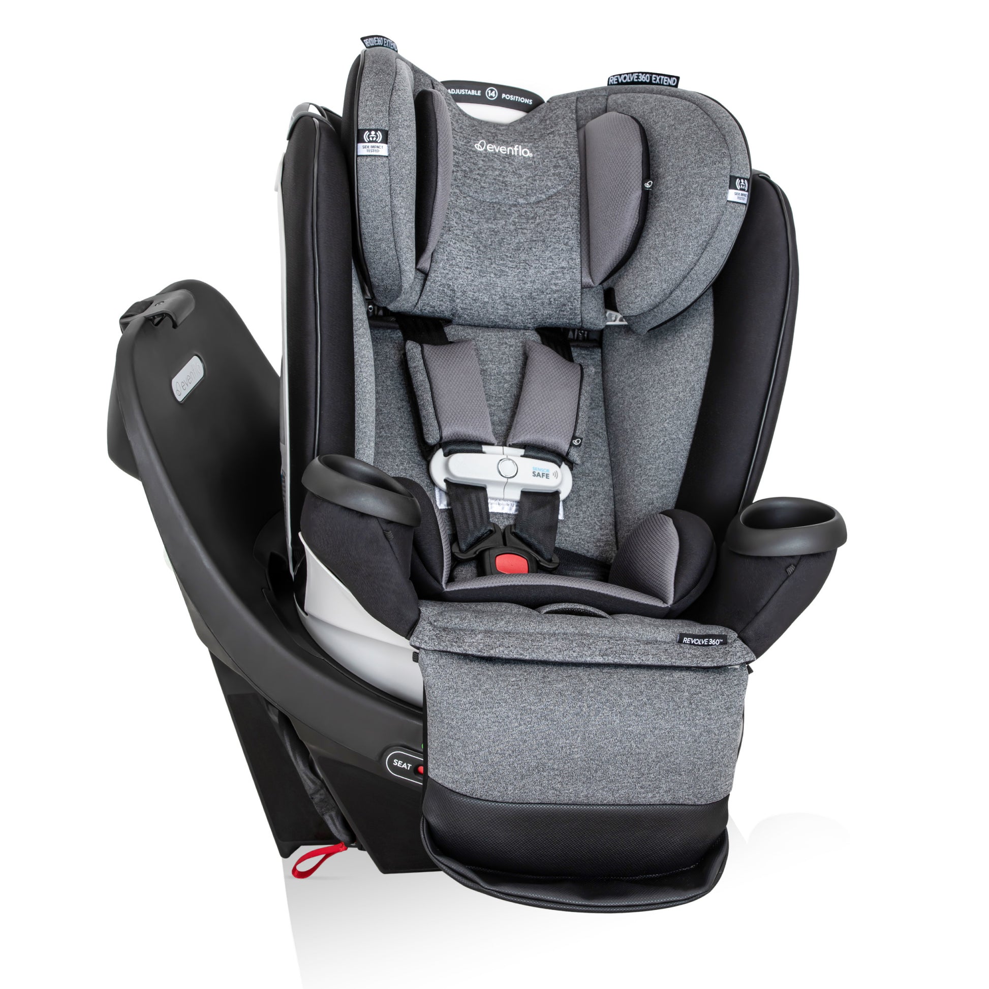 Evenflo Revolve360 Extend All-in-One car seat with a gray and black cover, featuring a 5-point harness.