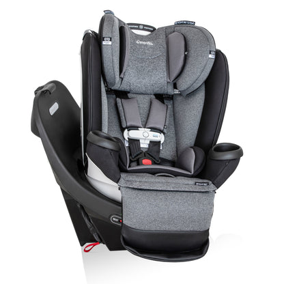 Evenflo Revolve360 Extend All-in-One car seat with a gray and black cover, featuring a 5-point harness.