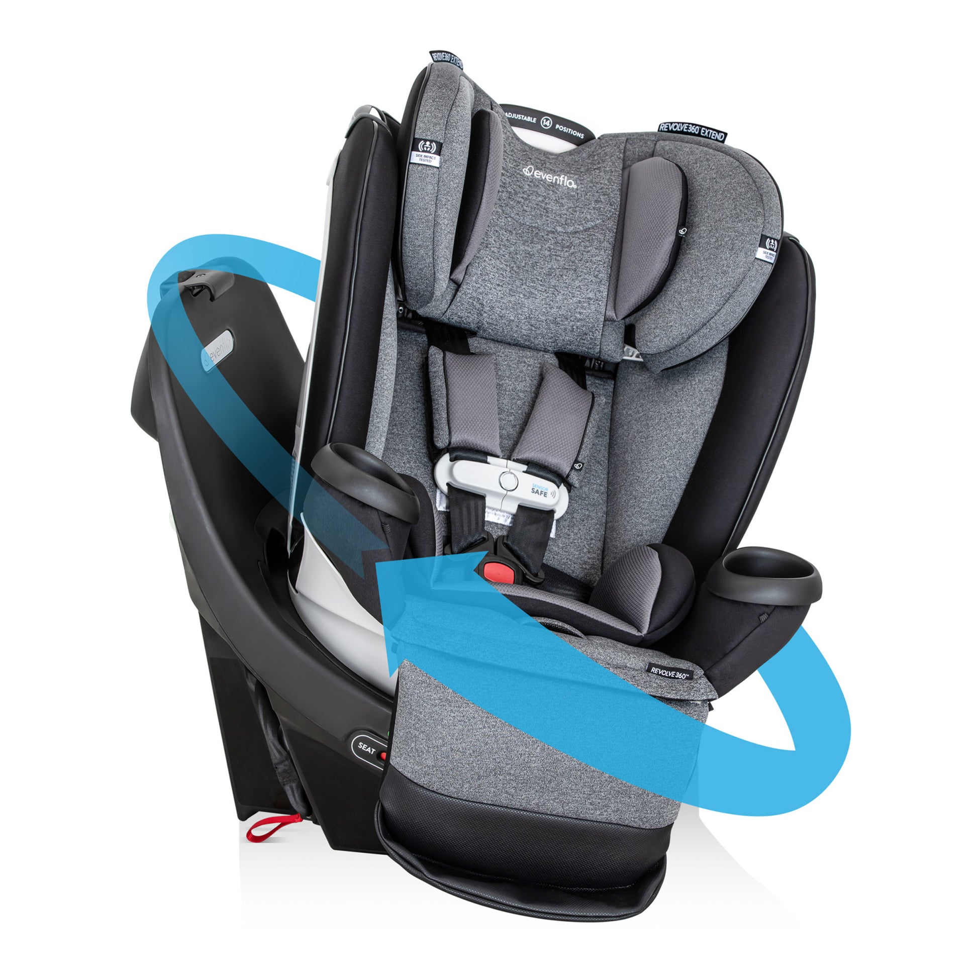 Evenflo Revolve360 Extend All-in-One car seat with a gray cover and a blue arrow showing its rotation feature.