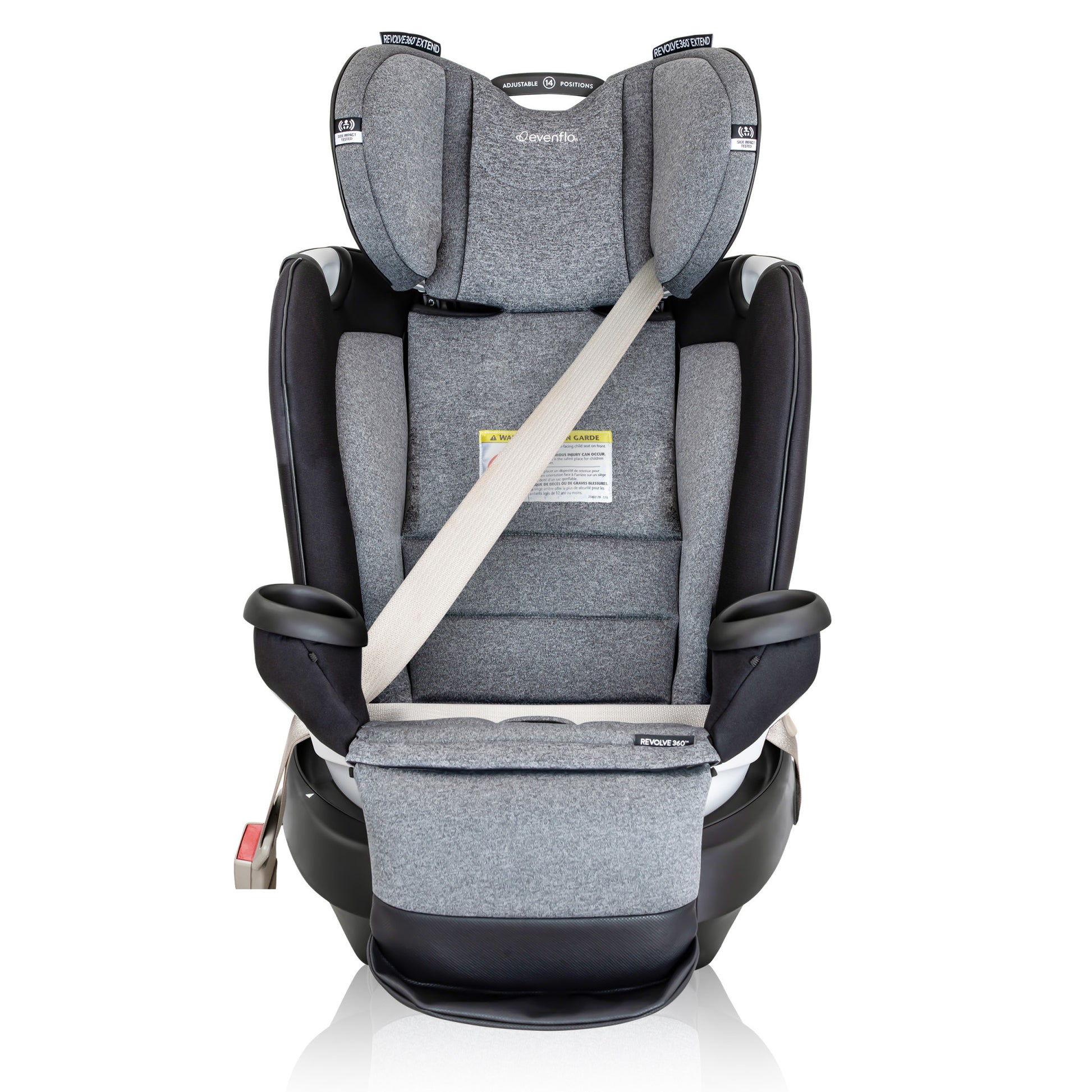 Evenflo Revolve360 Extend All-in-One car seat converted to a high-back booster with a gray cover.