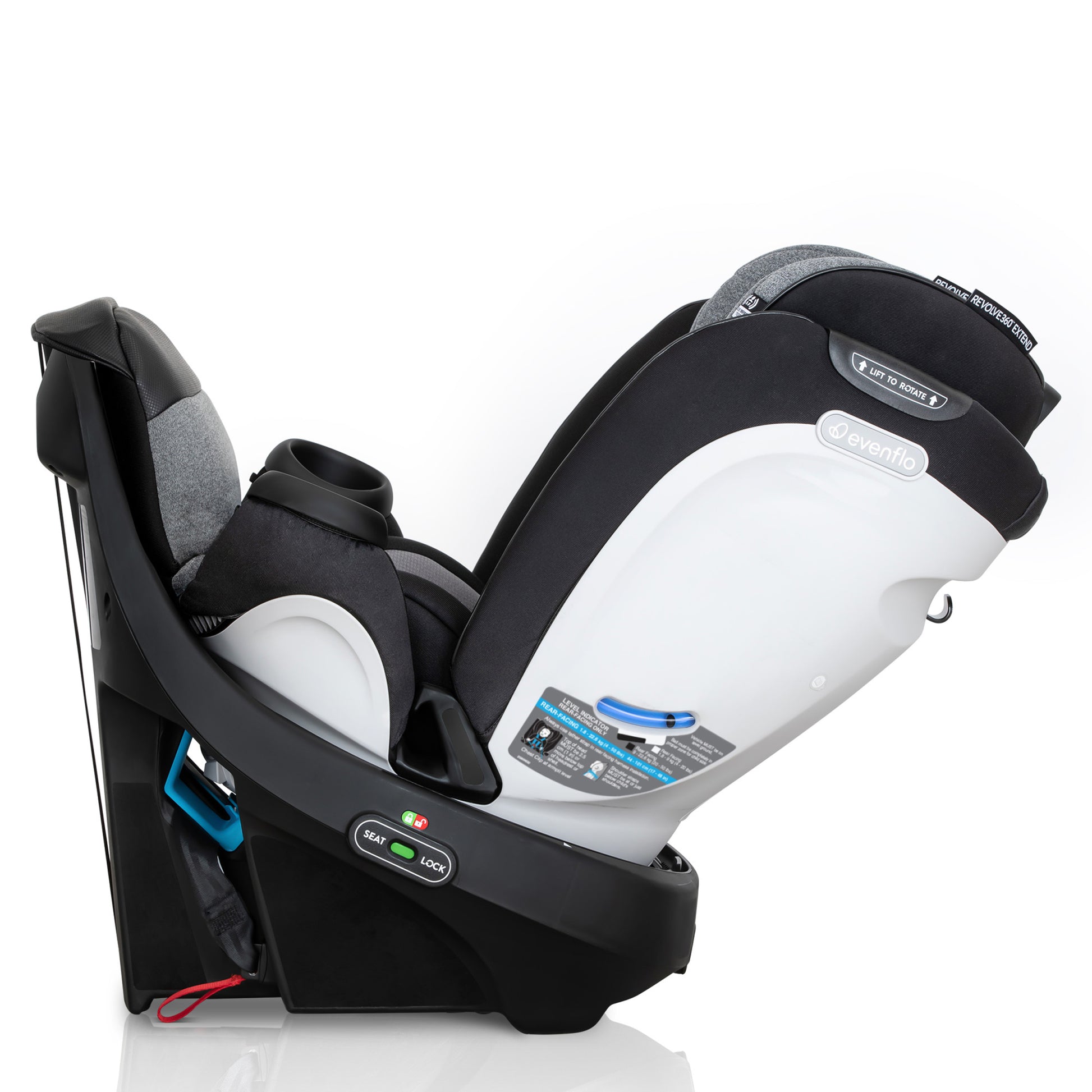 Side view of an Evenflo Revolve360 Extend All-in-One car seat with a gray and black cover.