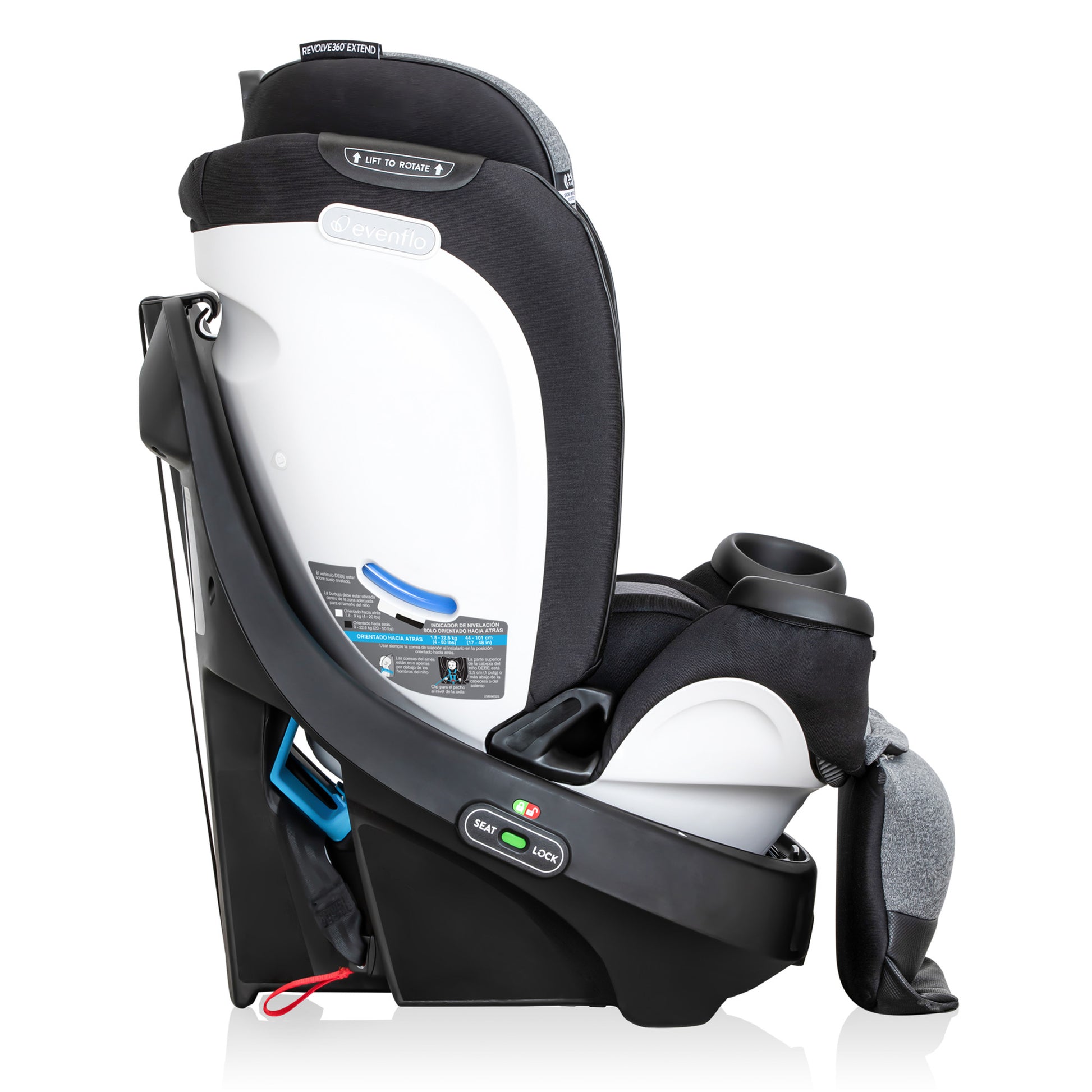 Side view of a gray and black Evenflo Revolve360 Extend All-in-One car seat.