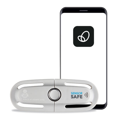 White SensorSafe child safety chest clip with a smartphone displaying its app.