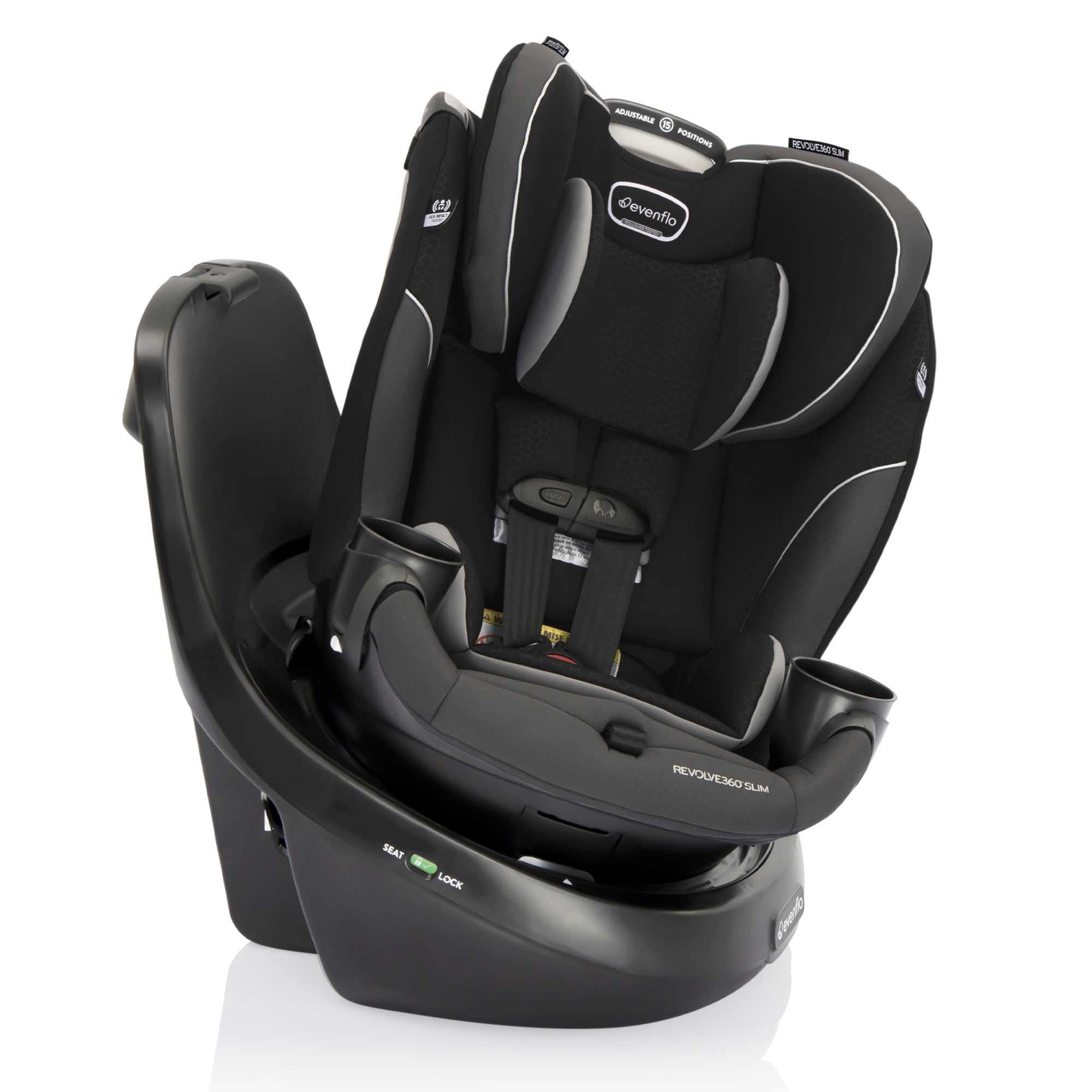 A black and gray Evenflo Revolve360 Slim car seat is shown on a white background.