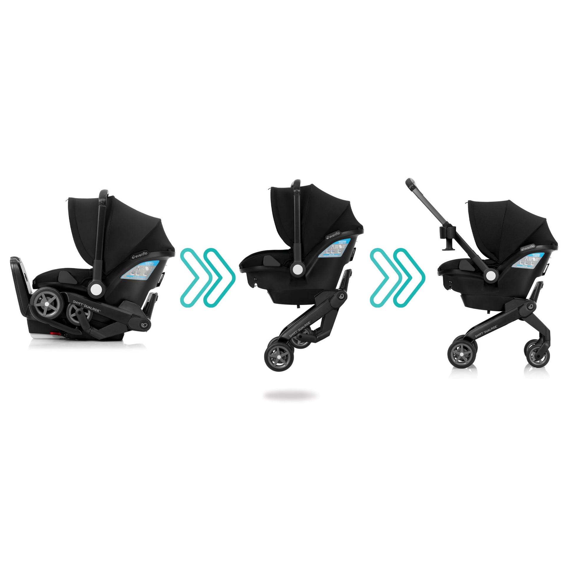 Front-side view of a black Evenflo Shyft DualRide infant car seat with its stroller wheels folded underneath.