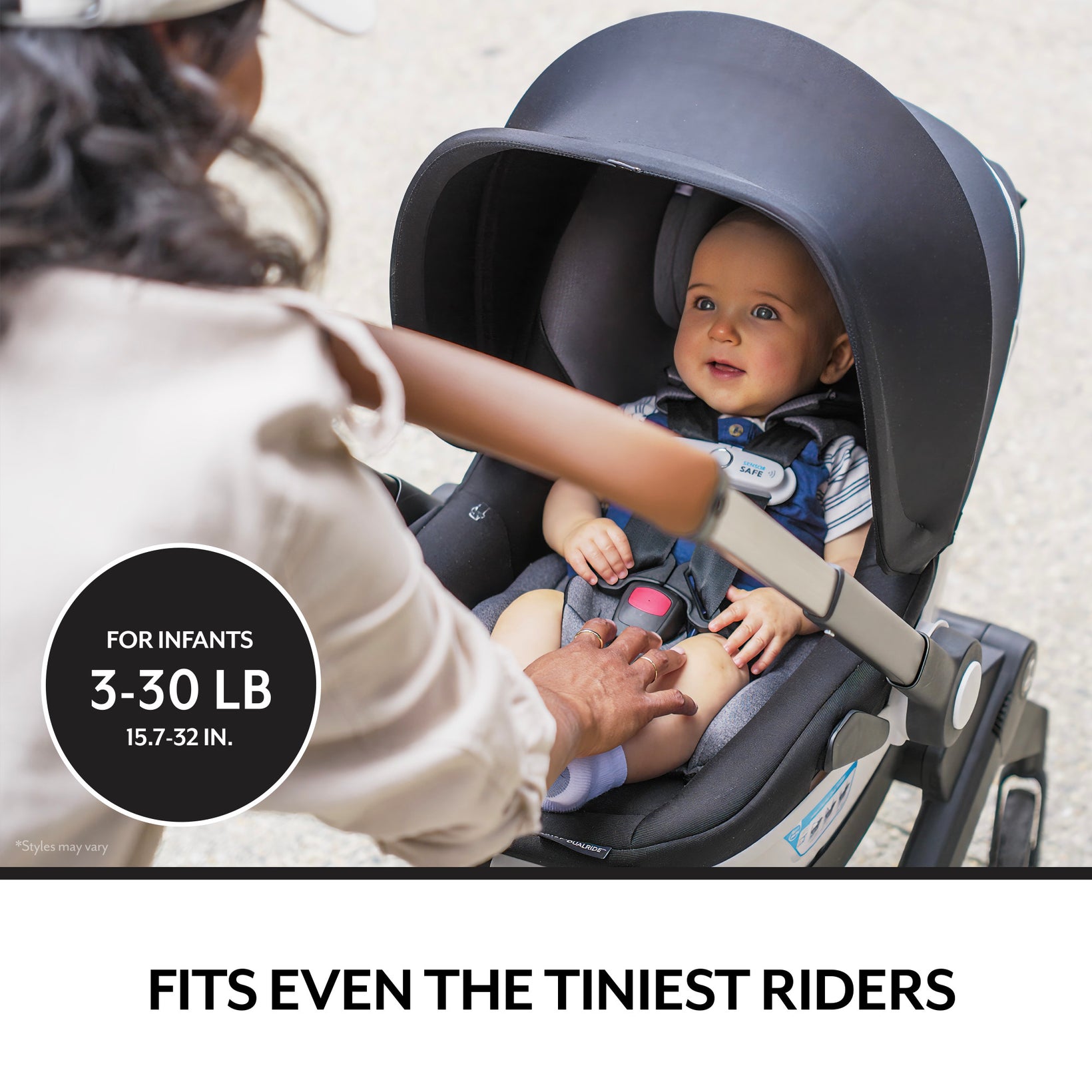 A baby in a stroller with an extended canopy, highlighting the 3-30 lb and 15.7-32 inch limits for infants.