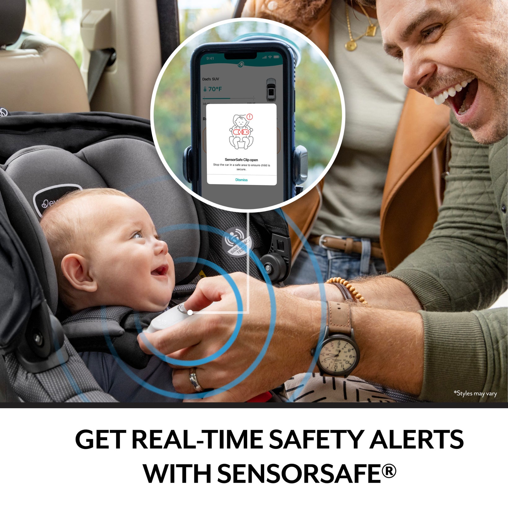 Man and baby interacting with the Evenflo SensorSafe chest clip, with a phone showing a safety alert.