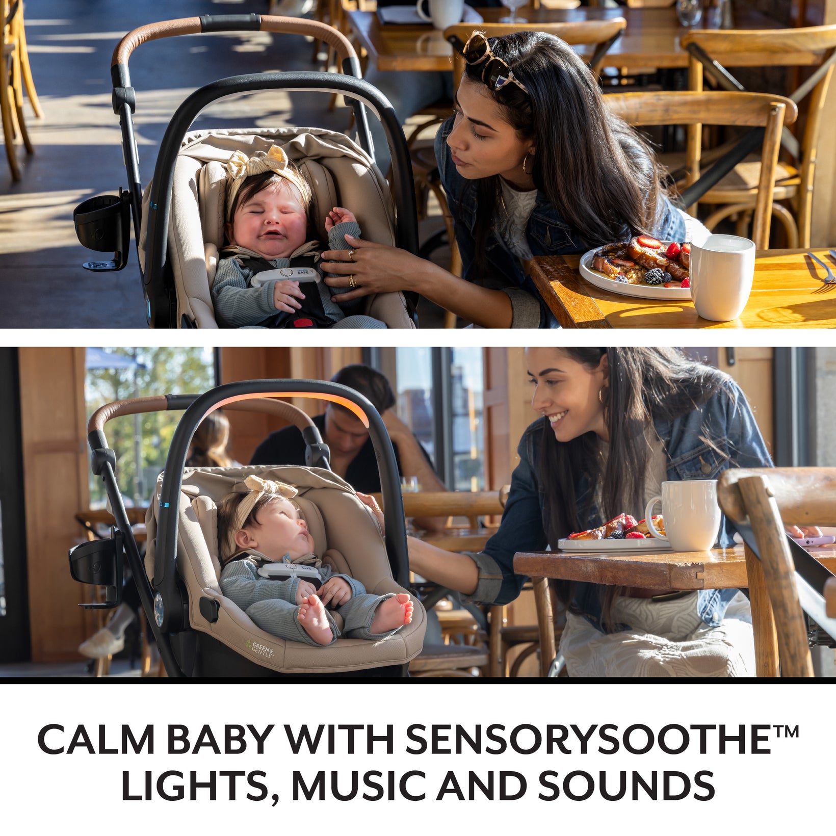 Woman with a baby in a stroller at a restaurant, with text about sensory soothe products.