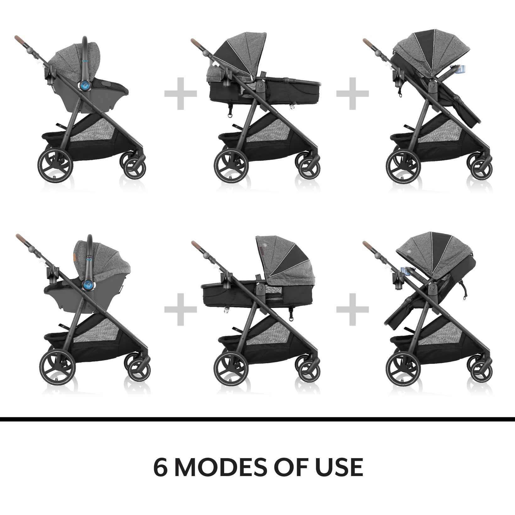 Stroller in various configurations on a white background with '6 Modes of Use' text.