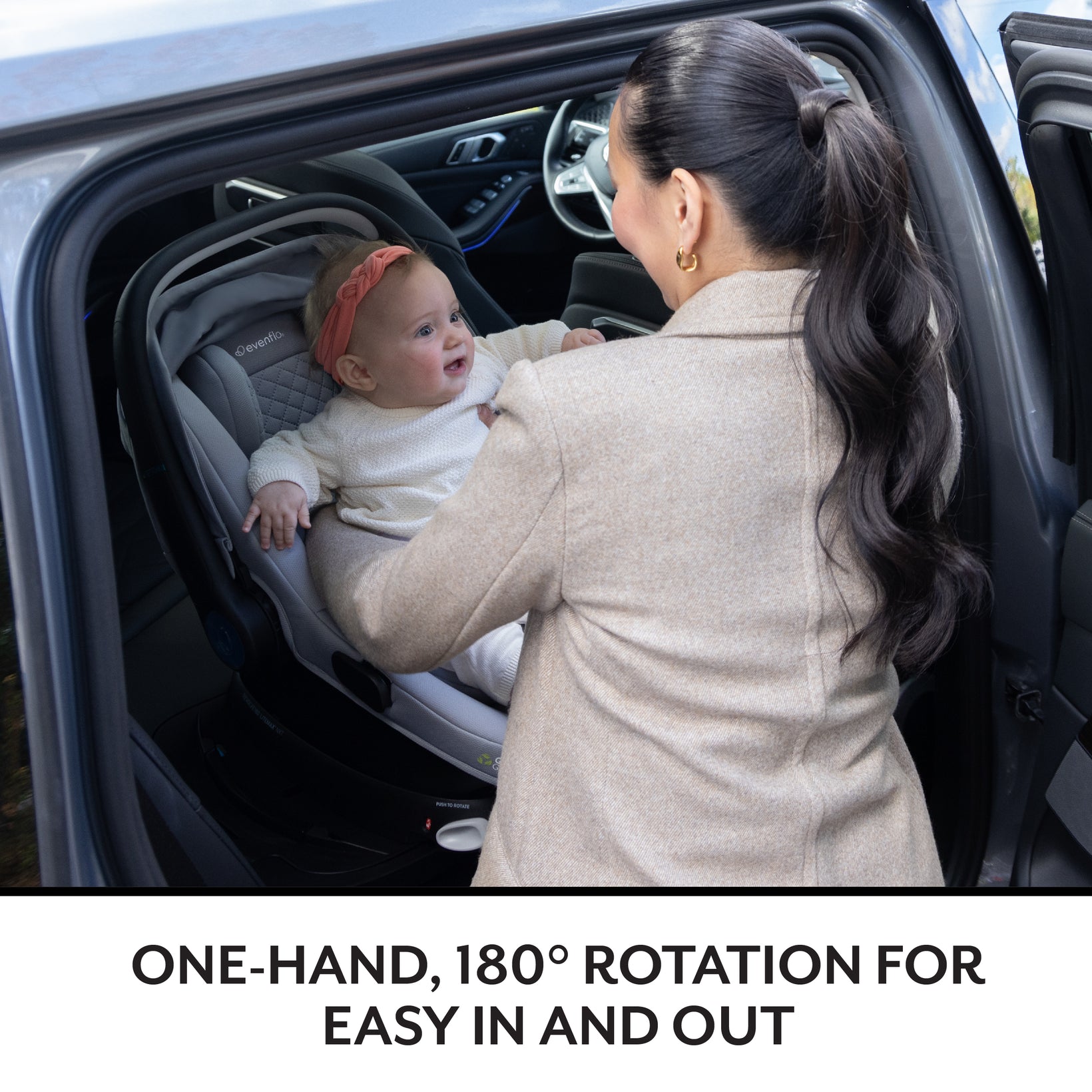 Woman placing a baby into a car seat with text 'One-hand, 180° rotation for easy in and out'.
