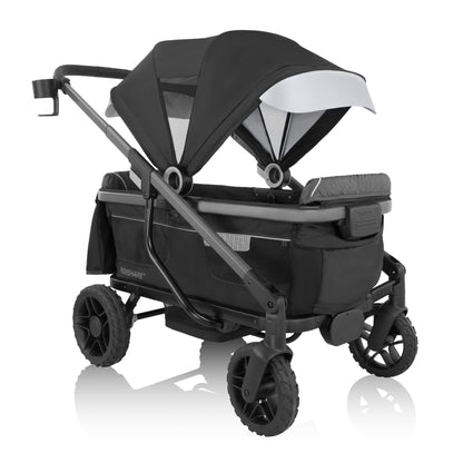 Evenflo RIDESHARE stroller wagon in black, with a large canopy and side cup holder.