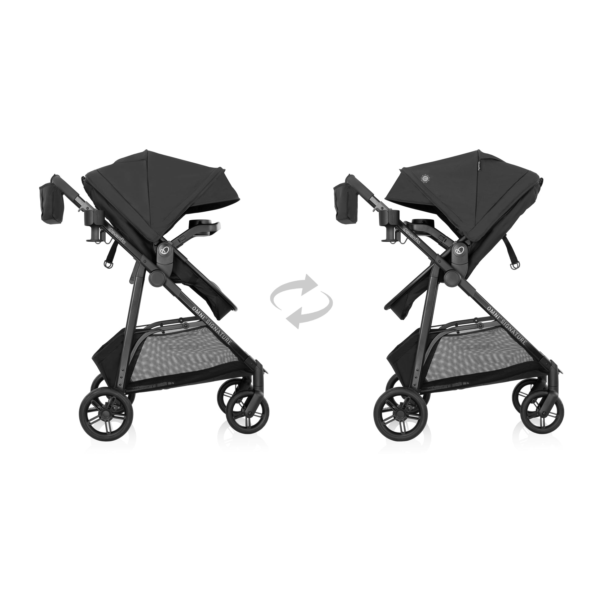Black stroller shown in two positions on a white background