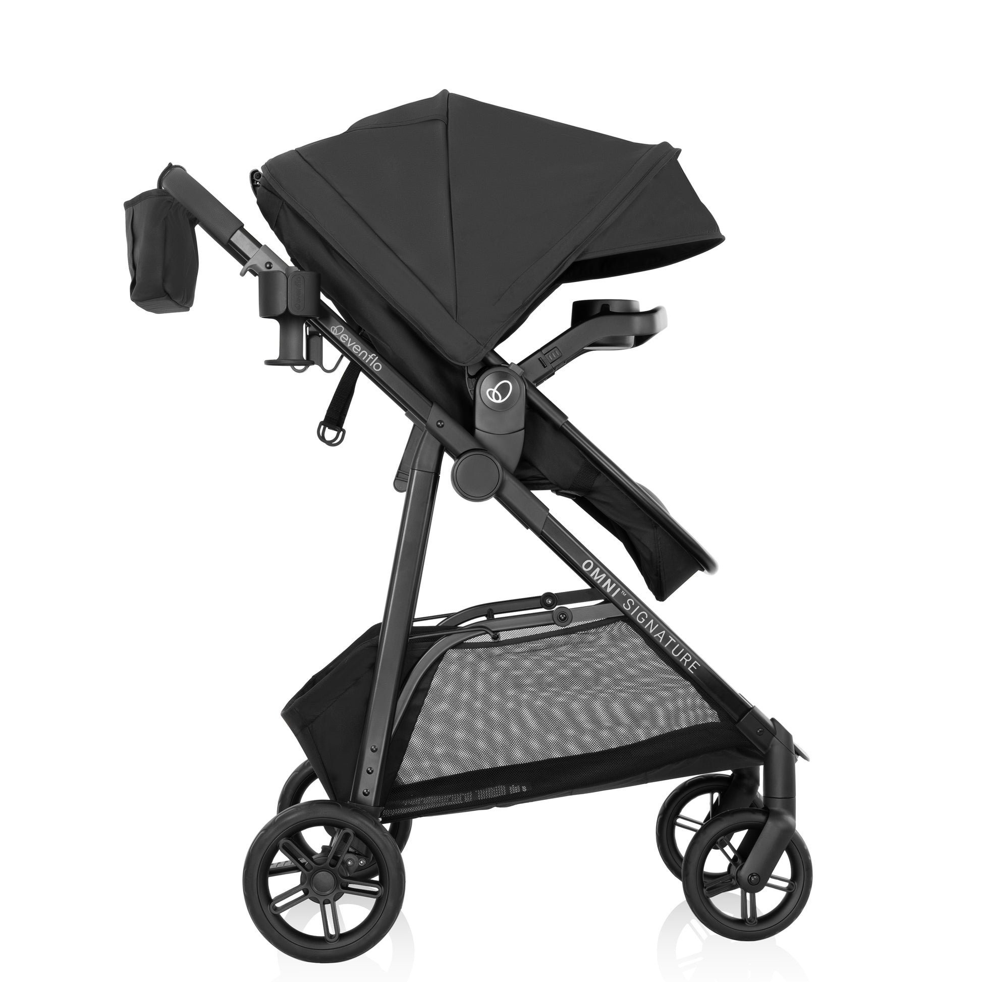 Black stroller with canopy on a white background