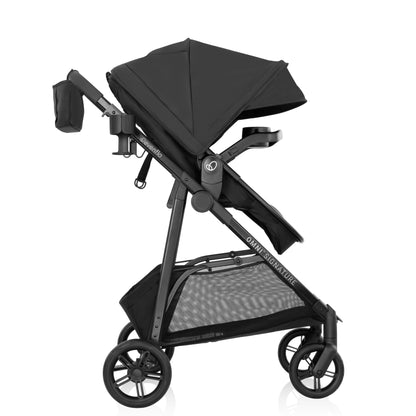 Black stroller with canopy on a white background