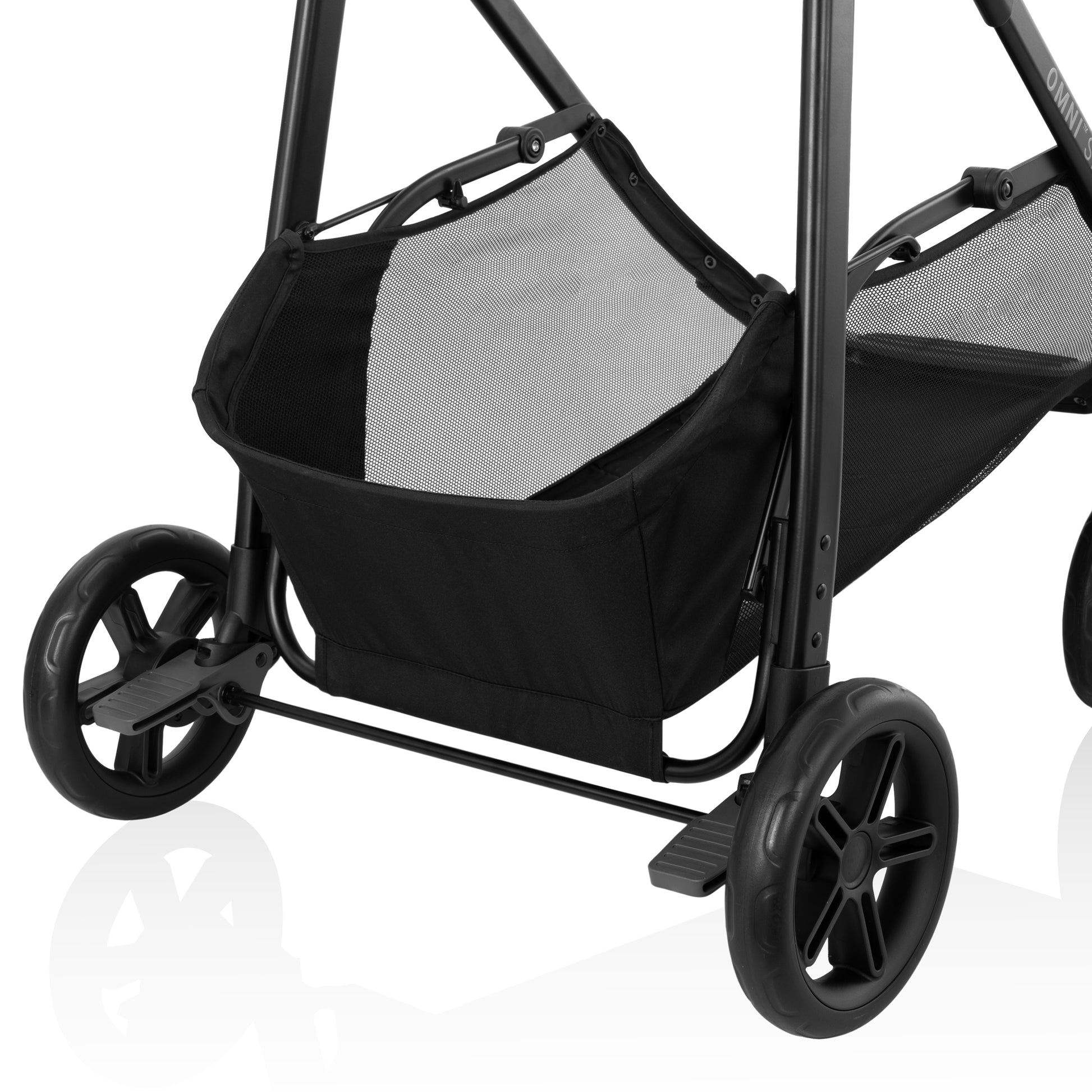 Black pet stroller with mesh sides on a white background