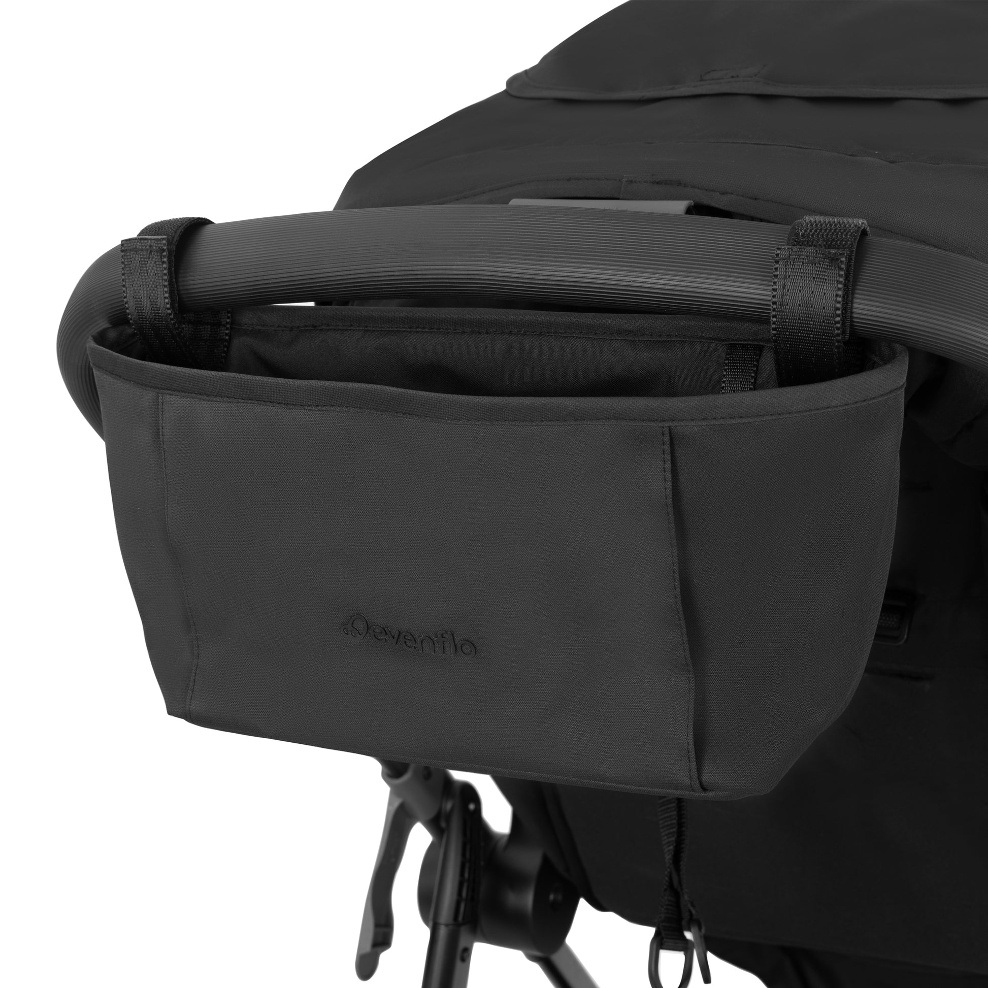 Black stroller organizer pocket with brand logo on a white background