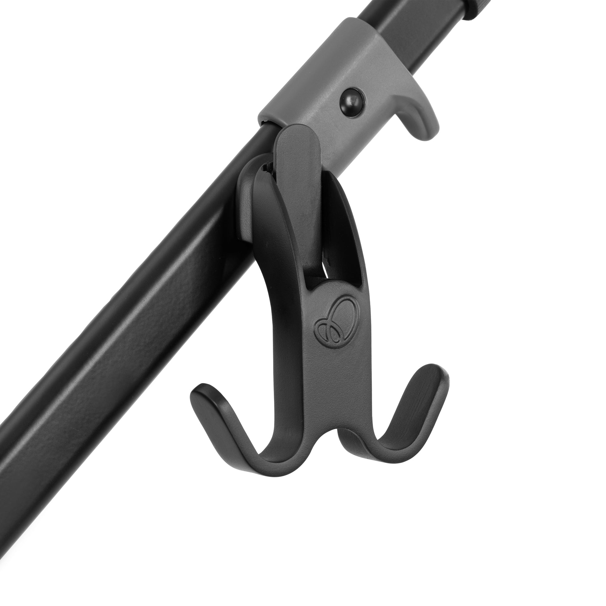 Black metal hook on a white background
