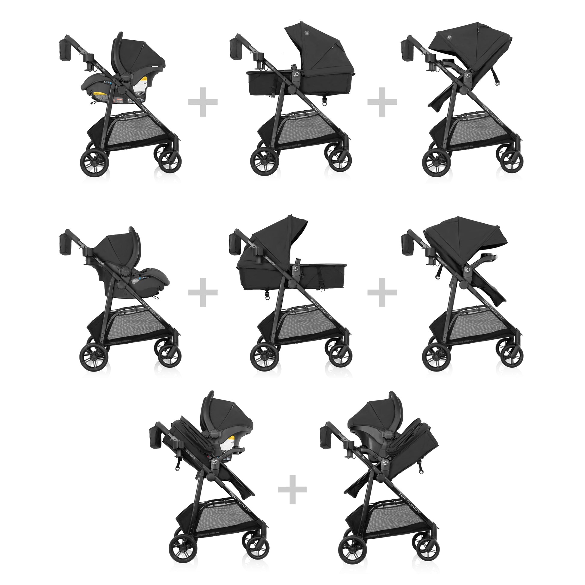 Black stroller in various angles on a white background