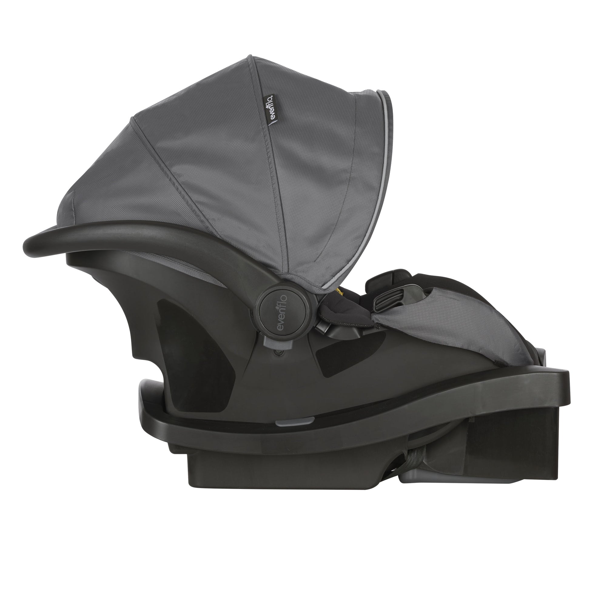 Gray and black baby car seat on a white background